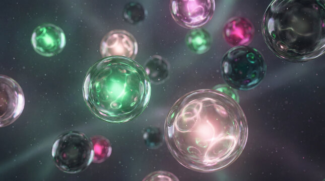 Glowing Multicolored Spheres Floating in Dark Space