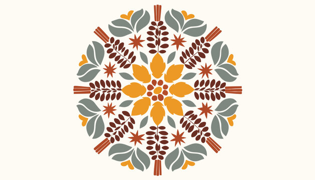 Circular mandala pattern with symmetrical floral and wheat stalk motifs in earthy tones of orange, brown, and grey on a cream background