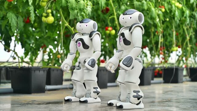 Two humanoid nao robots standing in a modern greenhouse tomato farm.