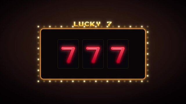 Lucky seven slot machine jackpot animation with triple sevens and golden confetti on black