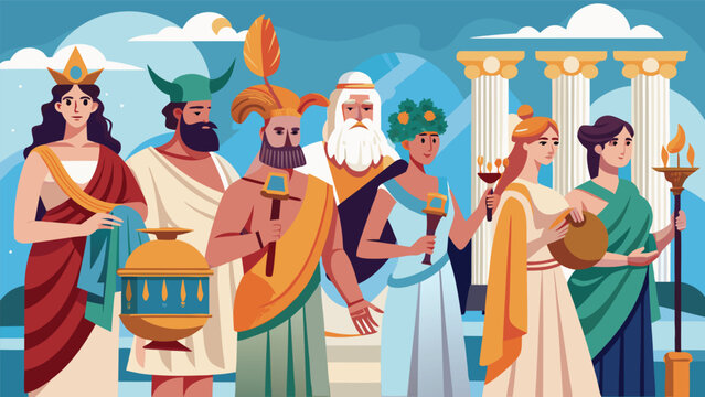 Ancient Greek Gods and Goddesses with ceremonial objects during a historical gathering with classical architecture