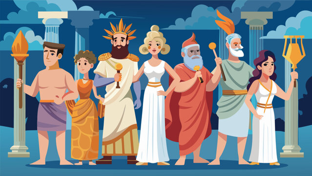Ancient Greek Gods posing with iconic symbols against classical temple columns during twilight