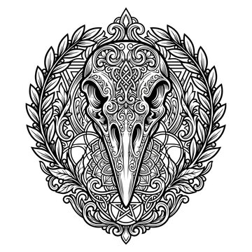 Intricate raven skull design artwork.