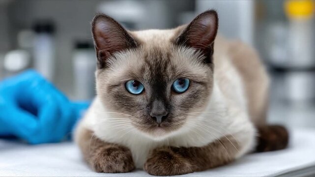 Siamese Cat in Scientific Setting: A beautiful Siamese cat with striking blue eyes lies on a surface in what appears to be a laboratory or clinical environment.