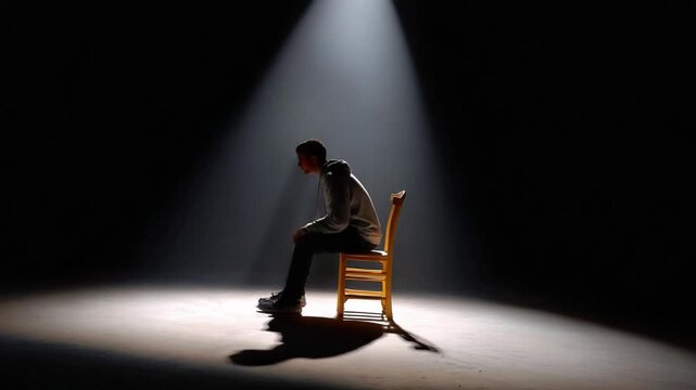 Isolated in the Spotlight: A lone figure sits hunched on a wooden chair, bathed in a single, dramatic spotlight against a dark background, evoking feelings of solitude, introspection.