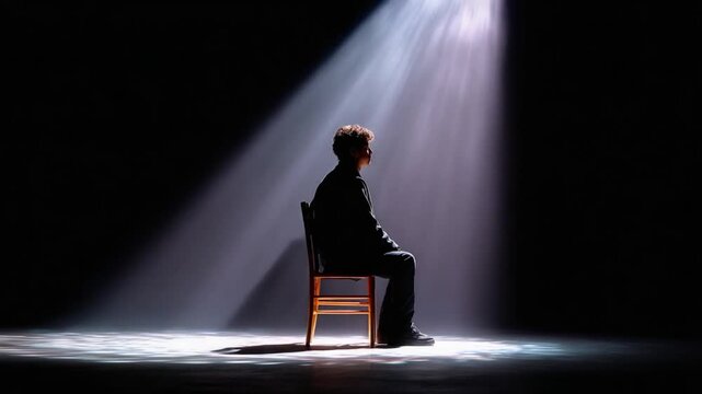 Solitary Figure in Spotlight: A person sits alone on a wooden chair, illuminated by a single beam of light against a dark background, evoking a sense of introspection and isolation.