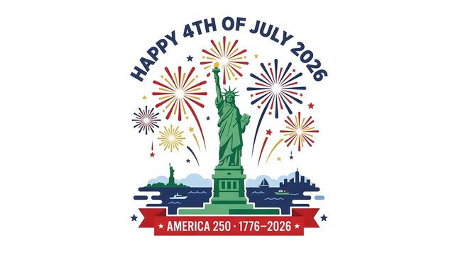 Happy 4th of july 2026 america 250th anniversary celebration with statue of liberty and fireworks vector illustration