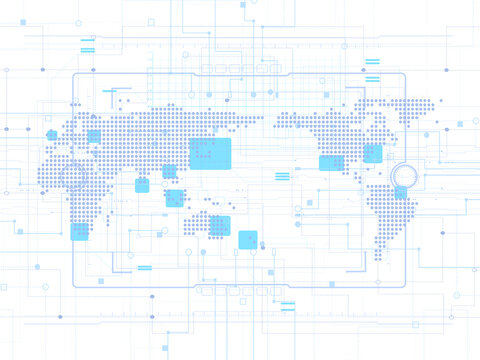 白い背景の世界地図と回路図