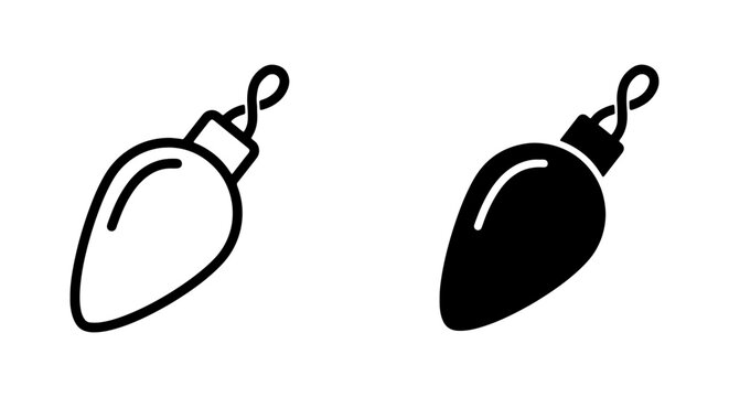 Christmas light bulb icon, festive holiday string light, black outline and solid vector