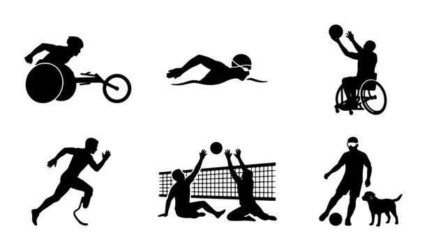 Paralympic Sports Icons: Wheelchair Racing, Swimming, Volleyball, Running, Soccer