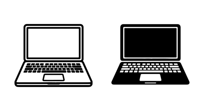 Modern laptop icon set, black and white computer vector graphics, digital device illustration