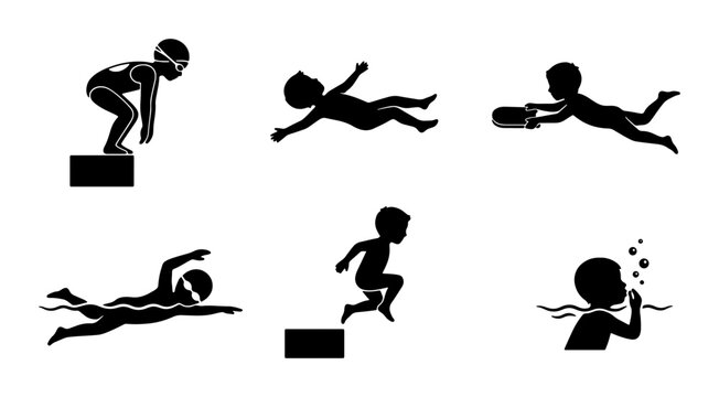 Children Swimming Silhouettes, Water Sports Icons, Pool Activities Vector Set