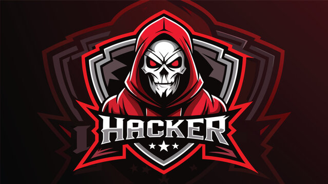 Skull hacker logo with red hoodie in a shield emblem during a digital attack concept with dark background