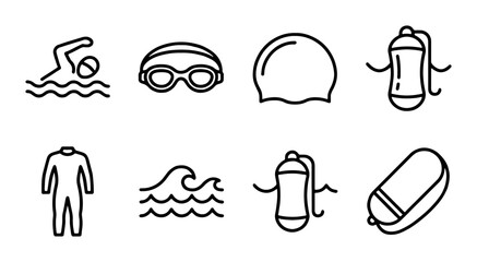 Swimming Icons Set: Aquatic Sports Gear, Athlete, Waves, Lifeguard Buoy © Shamim