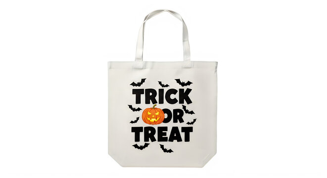 Happy halloween trick or treat white tote bag isolated on transparent background