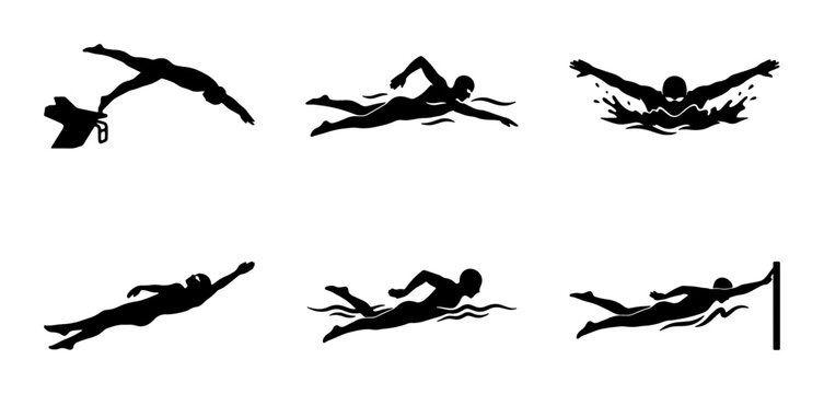 Swimmer Silhouettes: Dive, Freestyle, Butterfly, Backstroke, Race