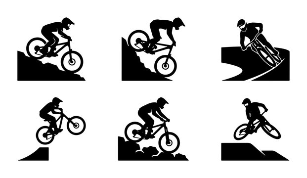 Mountain Bike Silhouettes, Downhill Cycling Icons, Extreme Sports Vector Set