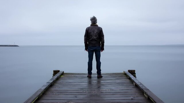 Solitary figure stands on a wooden dock facing a calm, misty sea under a gray sky
