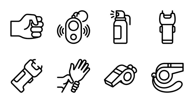 Self Defense Icons: Taser, Pepper Spray, Whistle, Alarm Set