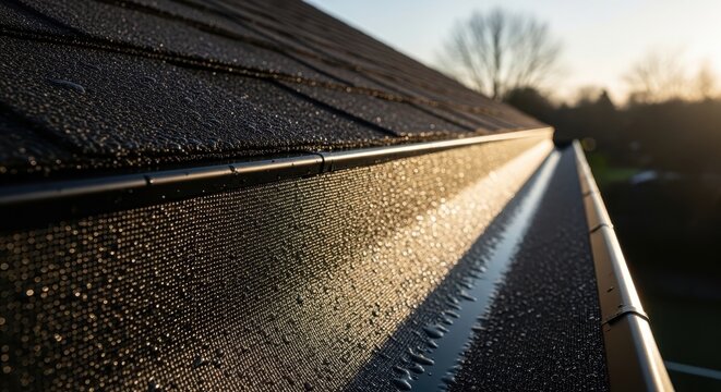 Close-up of modern micro-mesh gutter guards installed on a roof with asphalt shingles during sunset