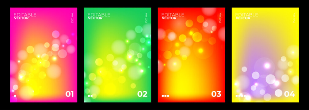 Summer bokeh poster templates vector set. Four A4 vertical banners bundle in vibrant gradient mesh on black background with glowing fireflies, blur dust particles and neon light leaks EPS.
