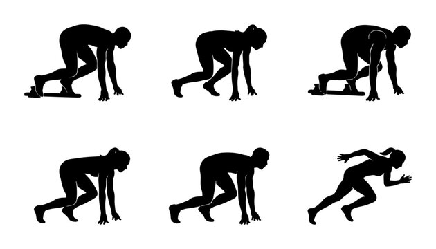 Runner Silhouettes, Sprint Start Poses, Athletic Action Vector Set