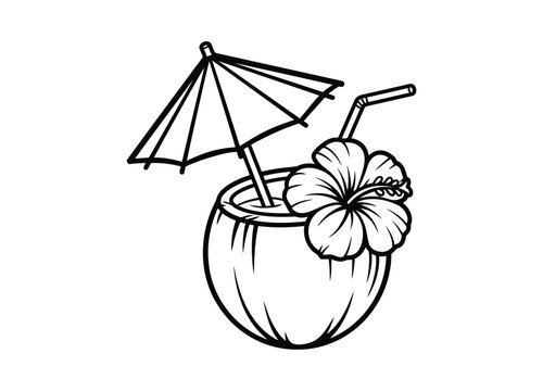 Coconut icon illustration with umbrella and flower in tropical style