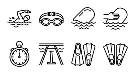 Swimming Icons Set, Aquatic Sport Vector Graphics, Pool Training Equipment © Shamim