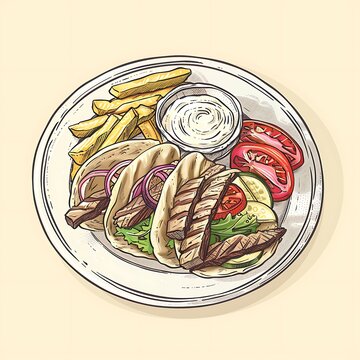 Colorful Grilled Steak Tacos Plate with Fries and Dip