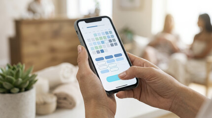 Hands selecting available time slot on digital calendar app, demonstrating efficient online booking and invisible administration.