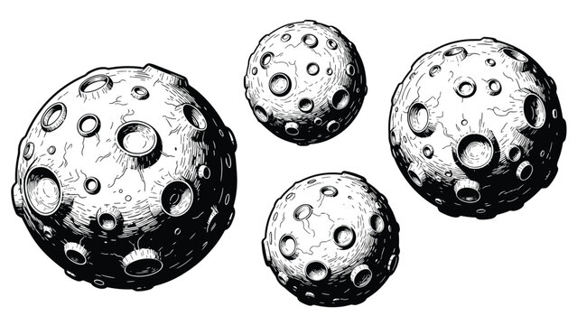 collection of cratered asteroids or moon objects illustrated in a detailed black and white vintage line art style.