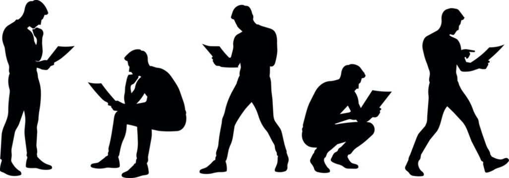 Silhouettes of men in various poses reading documents or books