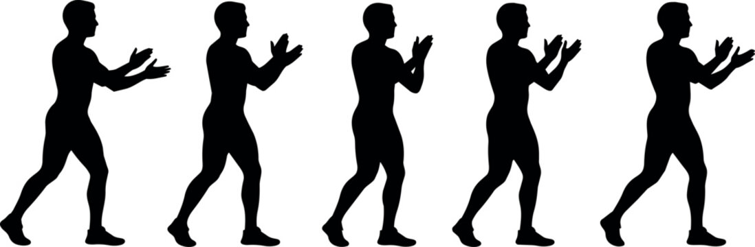 Sequence of male silhouettes clapping hands in unison against a white background