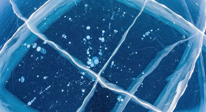 Frozen ice, cracked surface, blue background, winter texture