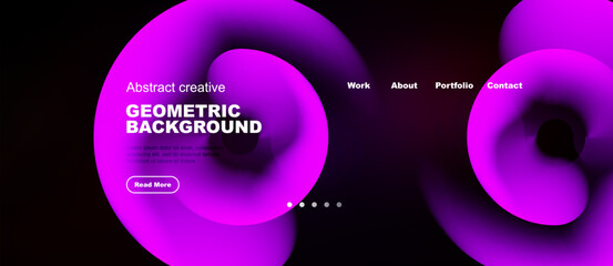 Obraz premium Abstract website design features vibrant pink curves, dark background. Text highlights geometric patterns, navigation options present.