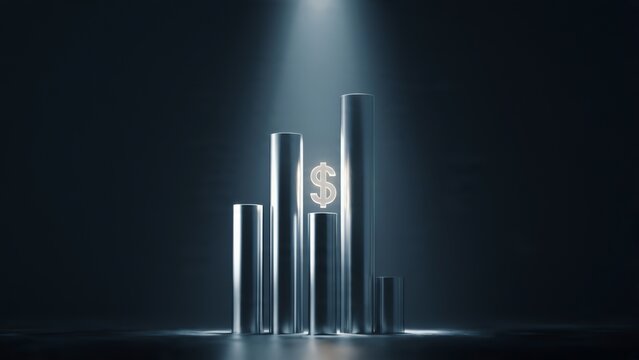 Visual representation of a financial growth chart with ascending bars, spotlighting a prominent dollar sign symbol at its peak, symbolizing successful investment and increasing profit