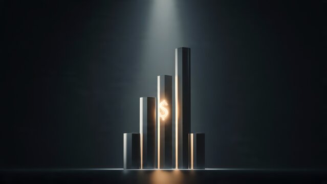 Financial growth and investment success represented by a rising bar graph with a dollar sign illuminated by a spotlight, symbolizing wealth accumulation and economic prosperity
