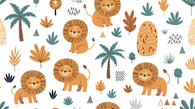 Cute seamless pattern with cartoon lions and tropical palm trees on a white background, perfect for children nursery decor and fabrics.
