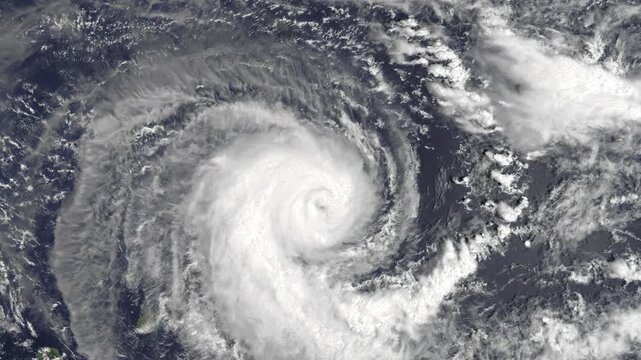 Aerial shot of cyclone above ocean. Weather change, bad weather concept. Camera is moving backward. Animation based on image by NASA