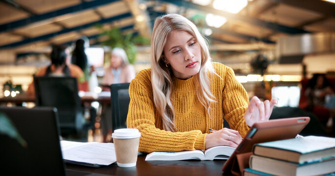University student, girl and study on tablet in library for thesis research, search citation or info. College, books and person with tech on campus for academic database, source notes and education