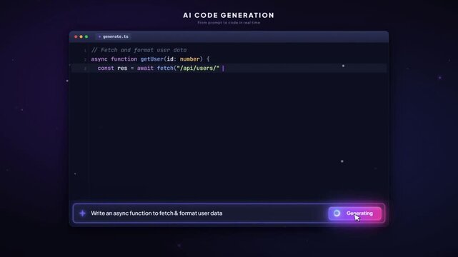 AI code generation animation showing assistant writing software function in dark editor interface