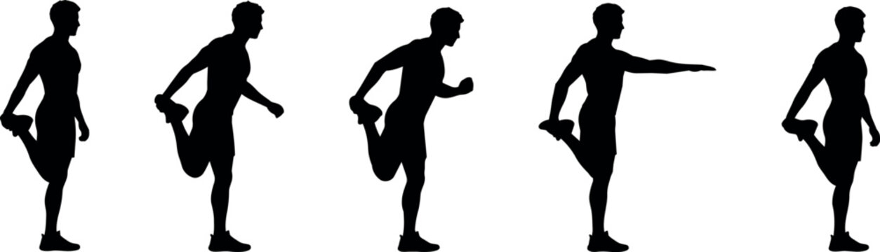 Sequence of male silhouettes performing quadriceps stretch exercise
