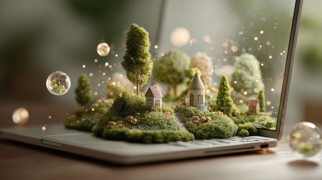 Digital Sanctuary: A miniature vibrant ecosystem thrives on an open laptop, blending technology with nature.