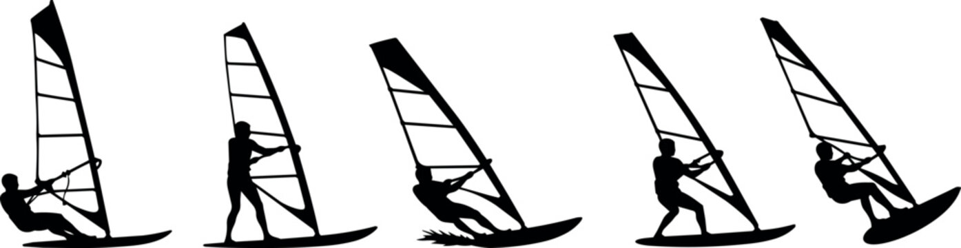 Five silhouettes of windsurfers in various poses on white background