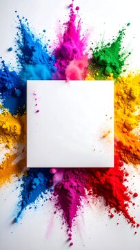 A square canvas is surrounded by exploding clouds of vibrant, colorful powder arranged in a symmetrical radial pattern