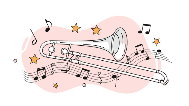 colorful trombone illustration with musical scores and stars on a soft pink background representing orchestral music.