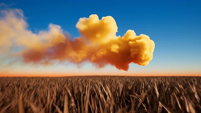 Tall, dry grass stalks in the foreground, leading to a vibrant yellow cloud against a clear blue sky