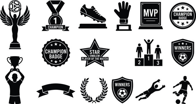 Black and white sports achievement icons and badges collection