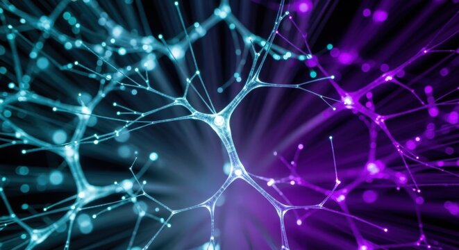 Neuron connections, neural network, purple blue synapses, brain cells