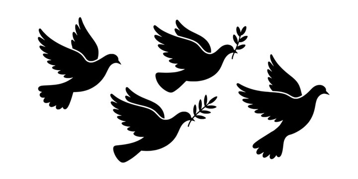 Dove Flying Illustration Icon with Olive Branch Silhouettes for Peace Sign, Freedom, and Spiritual Calm Background Design